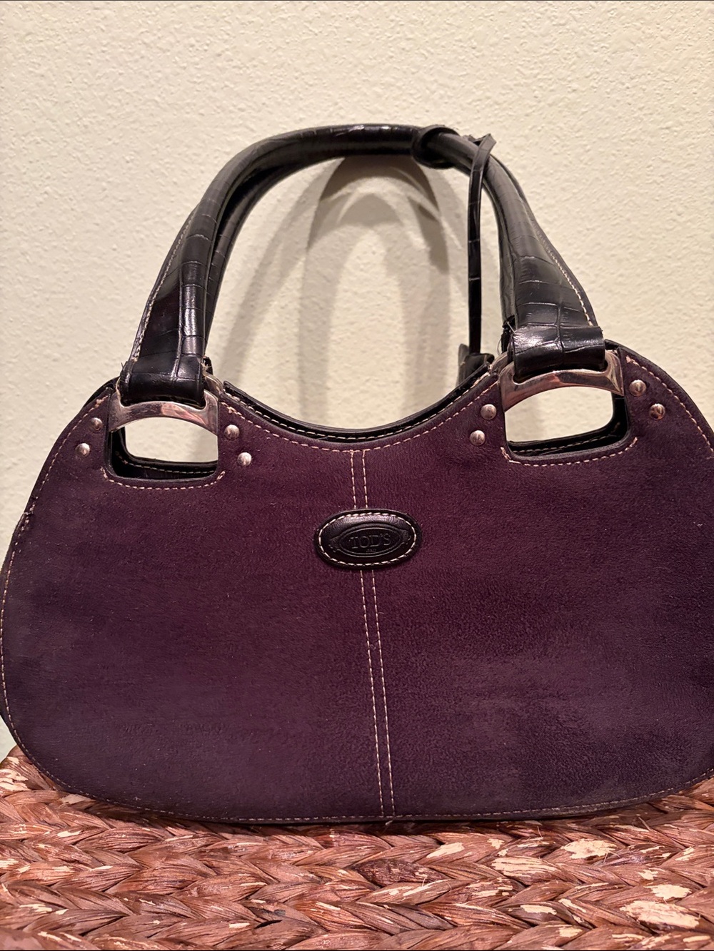 TOD'S black Suede Satchel with Black Leather Handles